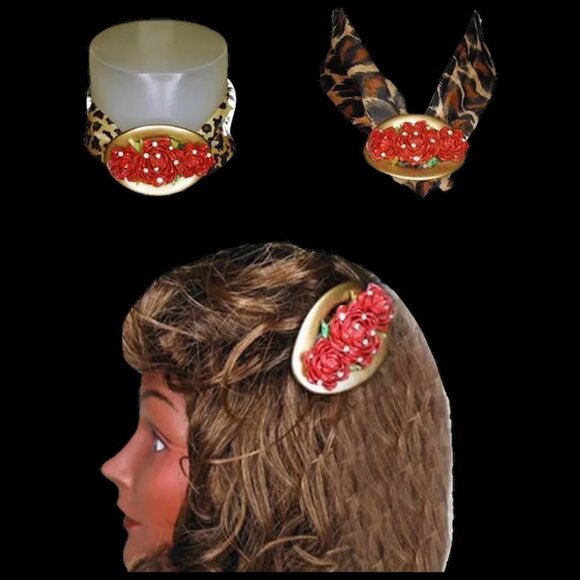 Red Roses Hair Clip Barrette With Rhinestones - Scarf Slide - Choker Clip - Picture 2 of 10